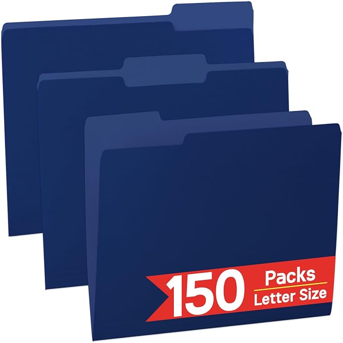 VZCPYTPM 150 Pack Navy Blue File Folders,Letter Size (8.5x11 in),1/3-Cut Tabs in Assorted Positions,Cardstock Paper Folders for Office,School & Home Filing Cabinet Organization, Bulk Document Folders