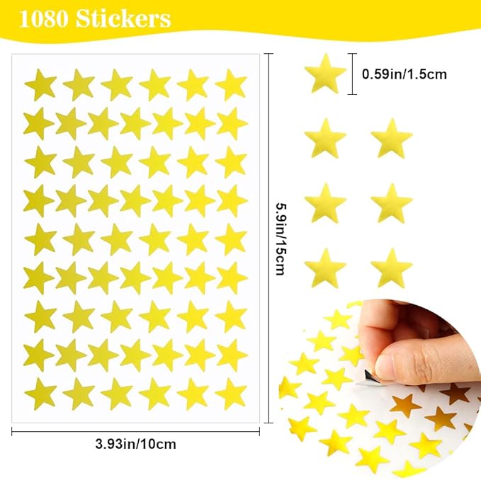 1080 PCS Gold Star Stickers, Small Star Stickers, 20 Sheets Foil Star Metallic Stickers, Star Sticker for Kids Reward, School Planner, Behavior Chart, Classroom Teacher Supplies, DIY, Home