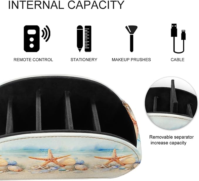 Forchrinse Orange Starfish Print Remote Control Holder,Leather Makeup Organizer with 5 Compartments,Table Decor Storage Remote Caddy for Home Office