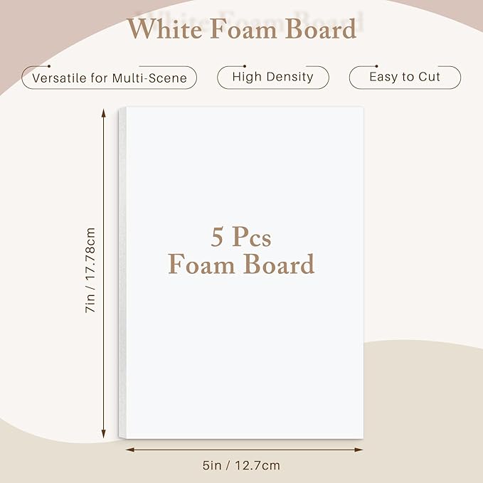 AUEAR, 5 Pack 5x7 White Foam Boards, Foam Core Poster Board for Display, Mounting, Print, Presentation and Projects, 1/8'' Thick