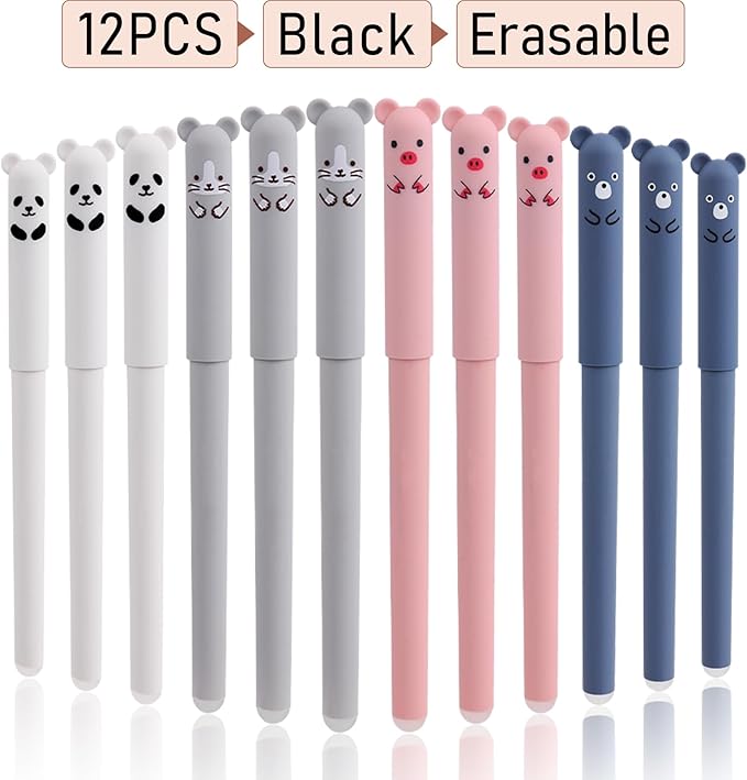 RIANCY 0.5mm Erasable Gel Pens,12 Pack Cute Cartoon Animal Rollerball Gel Ink Pens Refillable Pens for Adult Writing Calligraphy Note Taking (Refill Black)