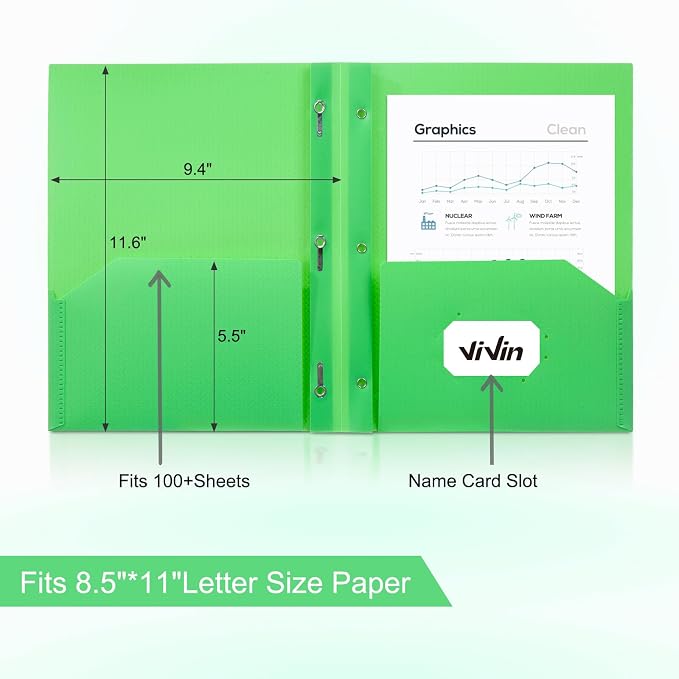 ViVin Sturdy Plastic Folder with Pockets,12 Pack,Heavy Duty Two Pocket 3 Prong Folders,Holds Letter Size Paper,File Folders with Business Card Slot for School Home and Office(Green)