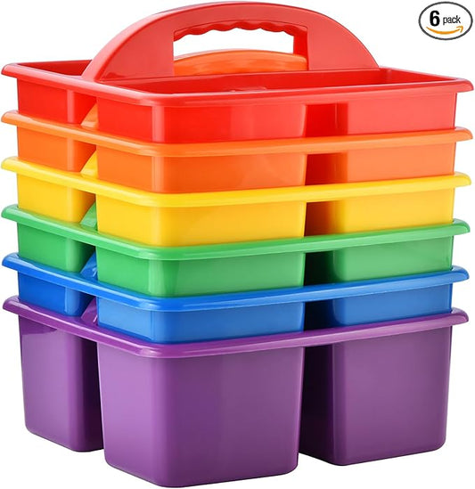 ALINK Plastic Classroom Caddy Organizer with Handle, 6-Pack 3 Compartments, Teacher Supply Storage Caddy for Classroom Organization, Table, Desk, Office, Craft Art for Kids - Assorted Colors