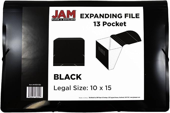 JAM PAPER Accordion Folders - 13 Pocket Plastic Expanding File - Legal Size - 10 x 15 - Black - 2/Pack