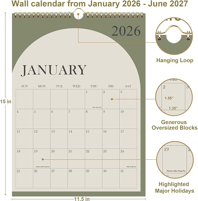 Wall Calendar 2026-18 Months Calendar 2026-2027 from January 2026 - June 2027, 2026 Wall Hanging Calendar Planner with Thick Paper, 12" x 14.5", Cyan