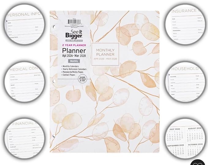 PlanAhead See it Bigger Home/Office 2-Year Monthly Planner April 2026 - March 2028 Specialized Large Print, Size 8.5'' X 11'', assorted colors and 6 in 1 Multicolor Ballpoint Colorful Ink Pen.