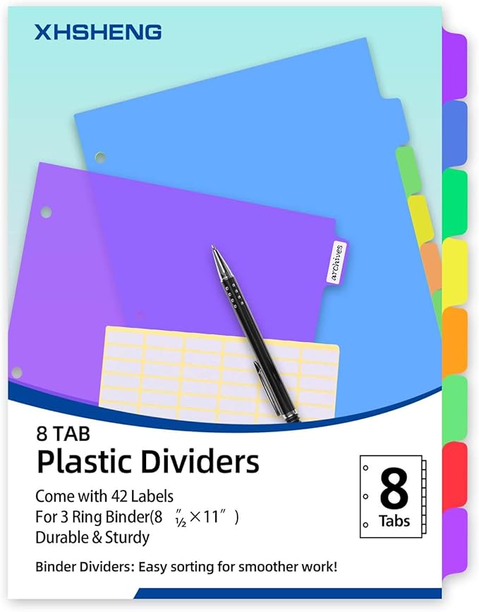 Binder Dividers for 3 Ring Binder,8 Tab Plastic File Dividers, Multicolor,Pack of 6sets(48 Dividers Total)