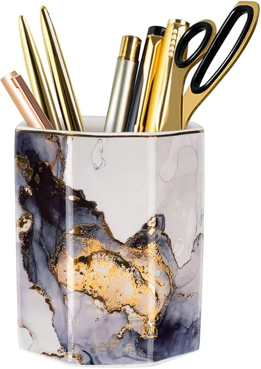 Ceramic Pen Holder for Desk Cute, Pencil Cup Pot Desk Organizer, Makeup Brush Holder for Women, Men, Kids, Desk Marble Decor for Office, Classroom, Home, Gray Golden
