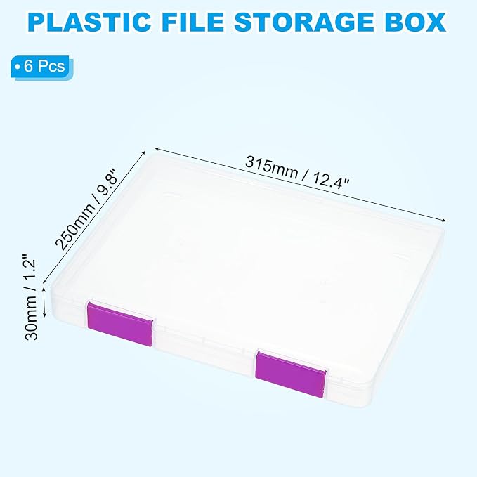 PATIKIL Clear A4 File Portable Project Case with Buckle Plastic Storage Box for 8.5" x 11" Letter Paper Scrapbook Paper Storage Boxes, 6Pcs, 12.4"x9.8"x1.2", Purple