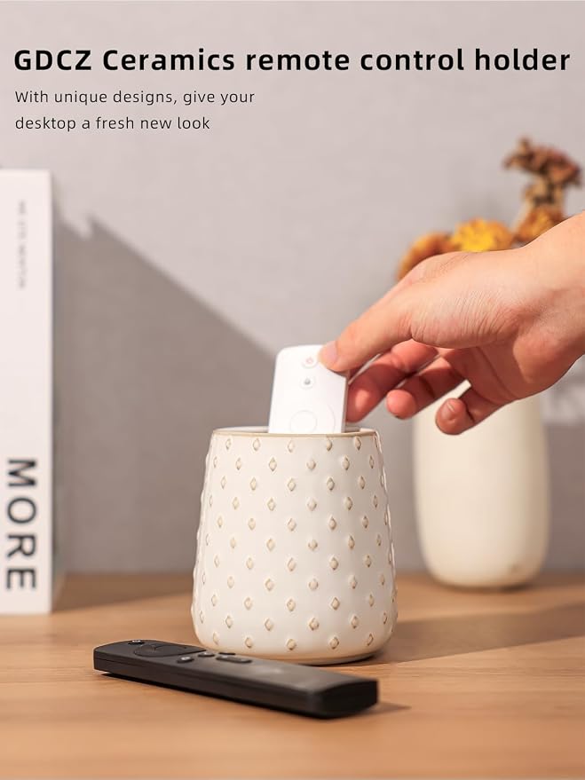 GDCZ Ceramic Remote Control Holder, Remote Caddy Organizer Storage, Remote Organizer for Table, TV Remote Holder, Makeup Brush Pen Holder, 4.2" (White)