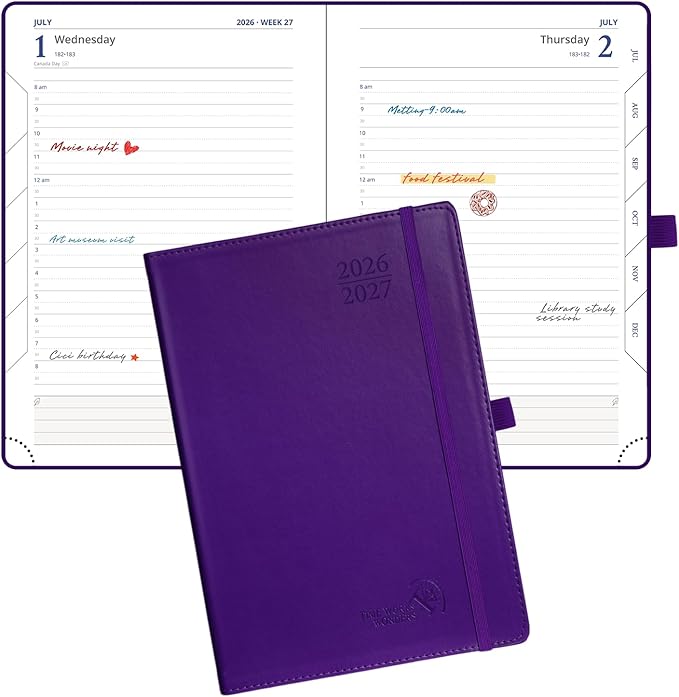 POPRUN Daily Planner 2026-2027 One Page per Day, (A5 Size 5.7" x 8.5") Academic Planner (July 2026 - June 2027) Hourly Appointment Book with Vegan Leather Hardcover, Monthly Tabs & Inner-pocket - Purple