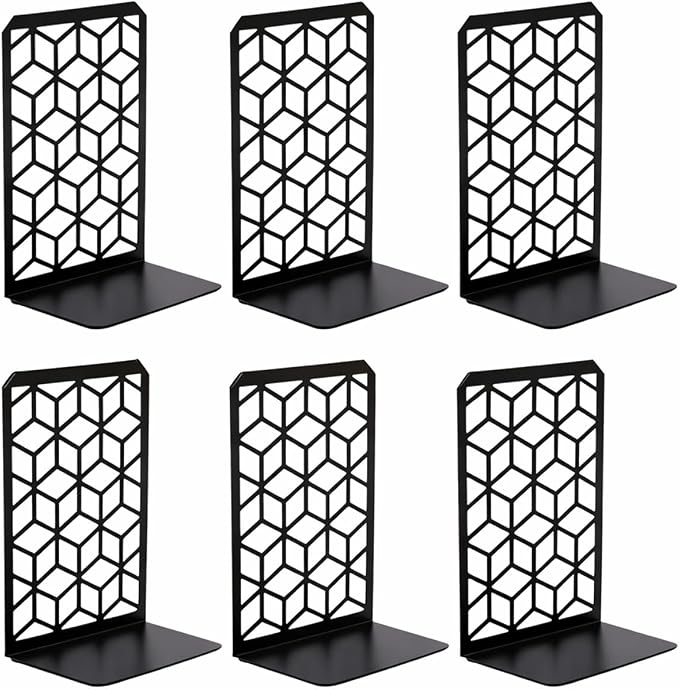 Geomod 3D Cube Black Metal Bookends Decorative for Heavy Books - Sturdy Boho Book Stops - Minimal Book Shelf Stopper - Durable Office Bookends - Weighted Metal Book Holders - 7x4.75 Inches - 3 Pair