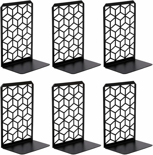 Geomod 3D Cube Black Metal Bookends Decorative for Heavy Books - Sturdy Boho Book Stops - Minimal Book Shelf Stopper - Durable Office Bookends - Weighted Metal Book Holders - 7x4.75 Inches - 3 Pair