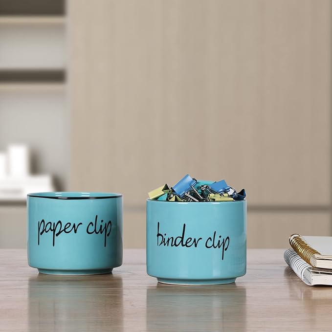 ONTUBE Ceramic Paper Clip Holder and Binder Clip Holder Set Dispenser Organizer for Desk (Turquoise)