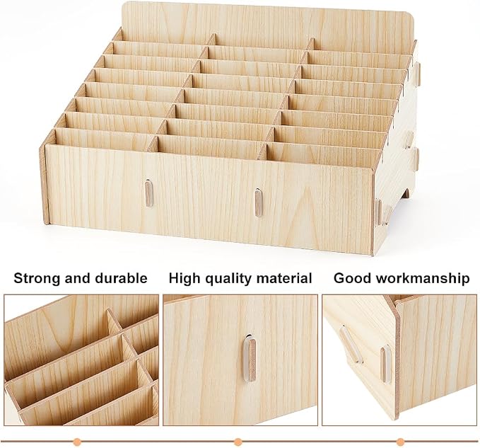 BENECREAT 24-Grid Wooden Cell Phone Storage Box, Beige Mobile Phone Management Storage Box Desktop Organizer for Office and School Supplies, Maple Wood Color