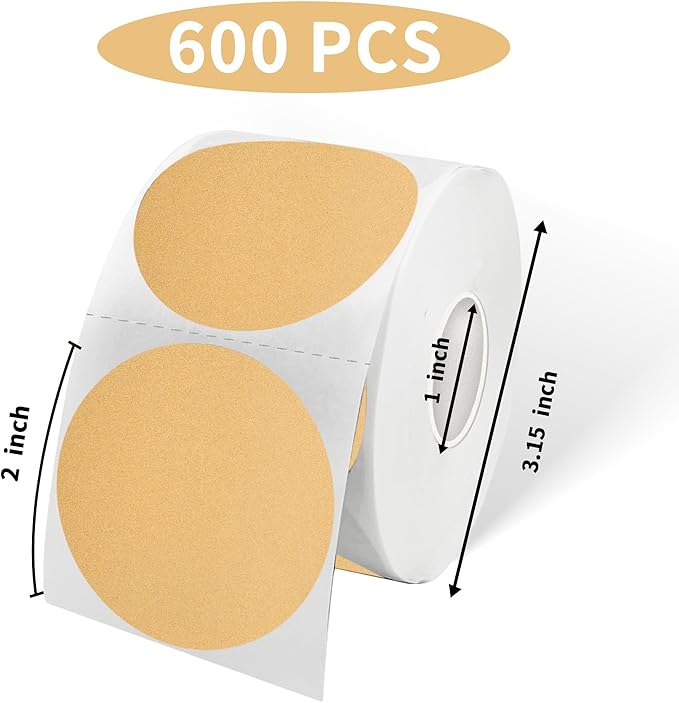 2 Inch Brown Thermal Labels, Round Direct Thermal Labels,Waterproof/Removable Self-Adhesive Thermal Printer Stickers use for Logo Design, Perforation Line Design- 600 Sheets/Roll