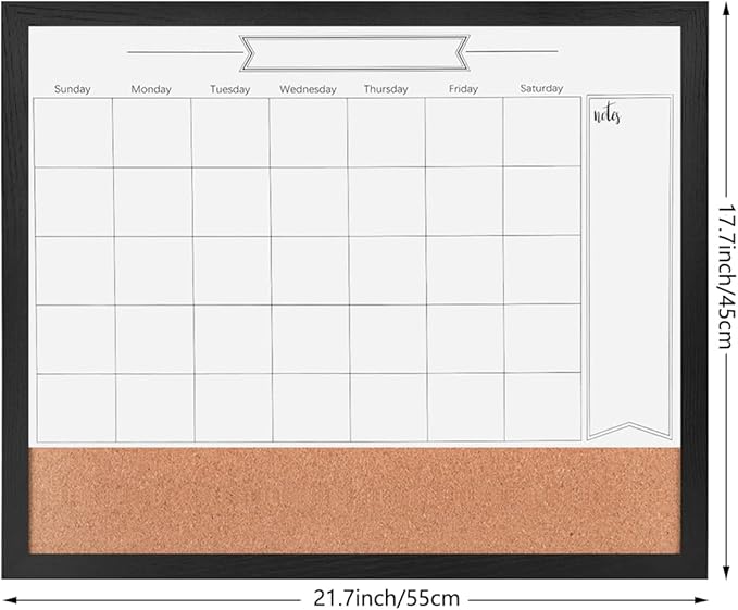 Dry Erase Calendar Whiteboard for Wall, Combination Magnetic Dry Erase White Board & Bulletin Board, 17.7" x 21.6" Black Wood Framed Calendar/Cork Combo Board(BK-4555)