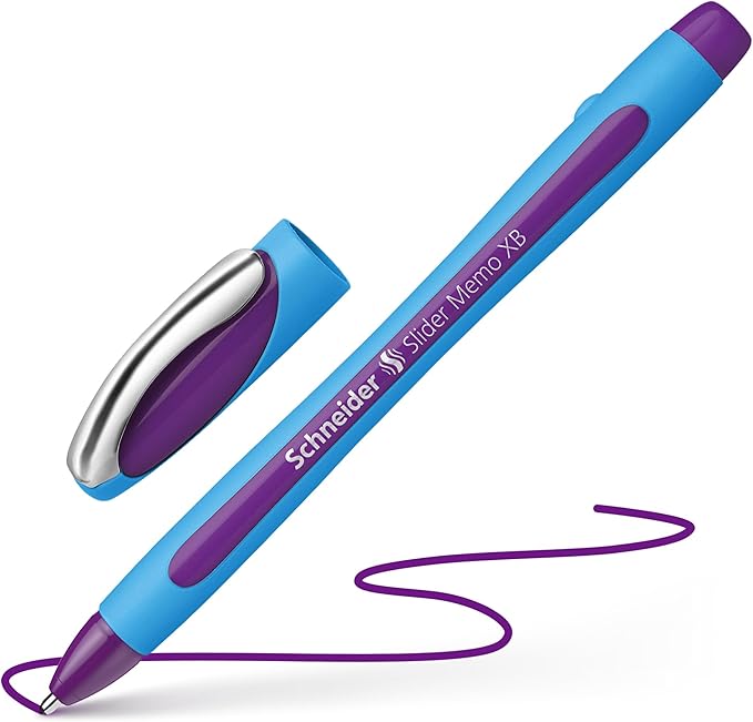 Schneider Slider Memo XB (Extra Broad) Ballpoint Pen, 1.4 mm, Light Blue Barrel, Violet Ink, Box of 10 Pens (150208)