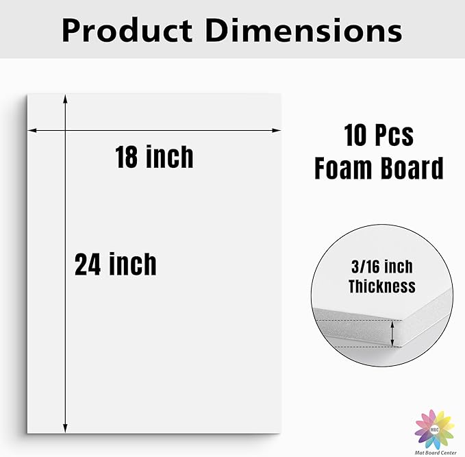 Mat Board Center Premium White Foam Core Board - 18x24 Inches, 3/16 Thick - 10 Pack, Acid-Free - Ideal for Mounting, Crafts, Art, and Presentations
