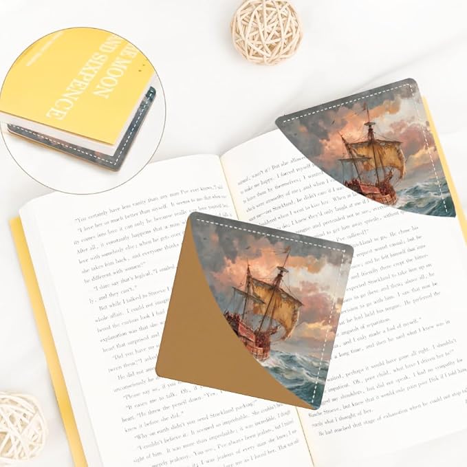 2PCS PU Leather Bookmarks 3.5x3.5 Inch Sailing Ship Ocean Design | PU leather bookmarks for books with watercolor sailing ship design for adventure novels, travel journals and ocean lovers.