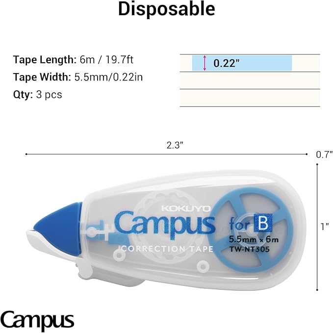 KOKUYO TW-NT305X3 Correction Tape for Campus Notes, For B Rule, 19.8 ft (6 m), Blue, Pack of 3