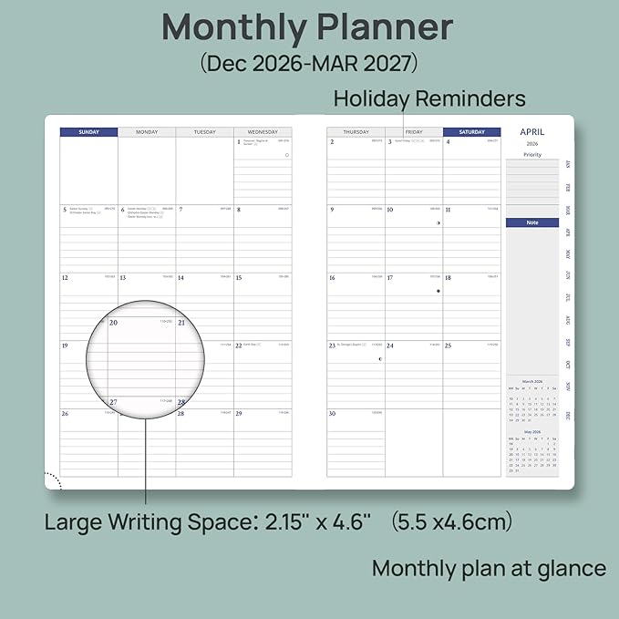 POPRUN Monthly Planner 2026-2027, 8.25" x 11.75" Large Calendar Planner, 16 Months (Apr 2026 - Jul 2027) Monthly Calendar & Appointment Book with Stair Tabs, Inner-pocket, Pen Holder, PU Leather - Dark Green
