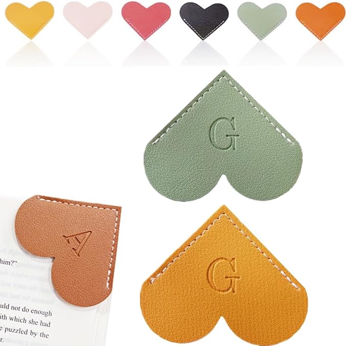 Personalized Leather Heart Bookmark, 26 Letters Customized Corner Book Mark for Reading Women, Book Marker with Initials，Cute Gifts (Green+Light Brown, G)