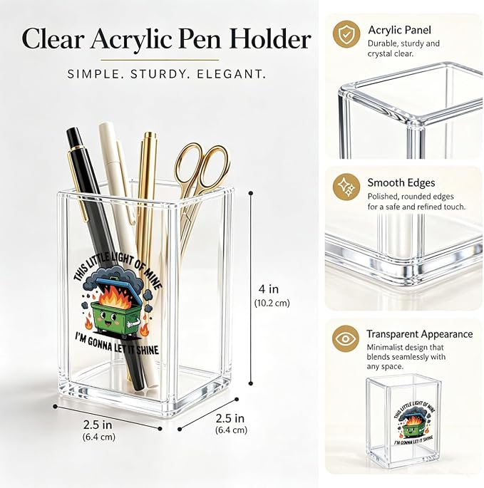 Funny Dumpster Fire Pen Holder for Desk - Response Team & This Little Light of Mine - Clear Acrylic Makeup Brush Holder, Sarcastic Office Decor, Relatable Coworker Gag Gift for Women Men Boss