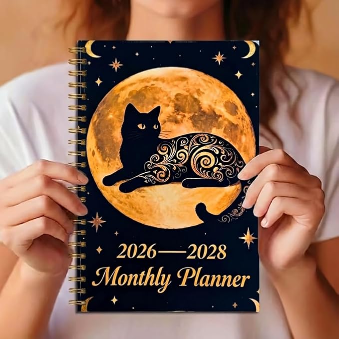 1Pc Black & Golden 2026-2028 Planner Gold Cat Tarot Spiral Gothic Moon Phase Diary, A5 Monthly Calendar & Undated Notebook, Witchy Gift for Cat Lovers