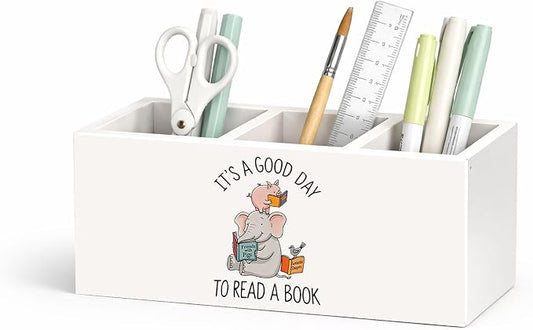 Animal Friends Pen Holder, Inch Desk Organizer, “It’s a Good Day to Read a Book” Elephant & Pig Illustration, Cute Desk Storage for Pens, Pencils, Scissors – Kids, Students, Teachers Gift