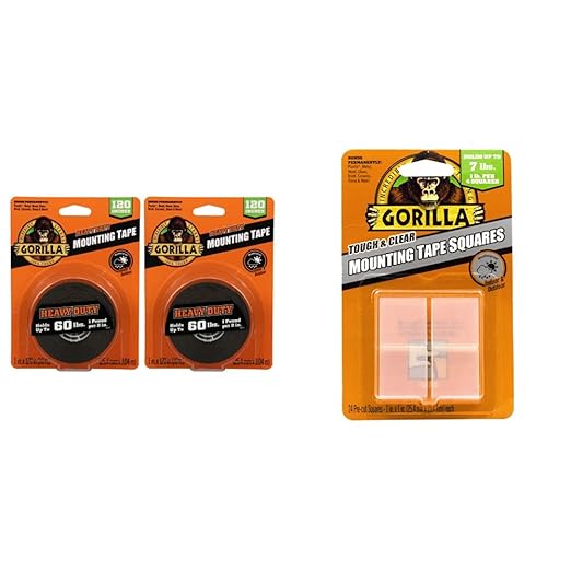 Gorilla Heavy Duty, Extra Long Double Sided Mounting Tape, 1" x 120", Black, (Pack of 2) & Tough & Clear Double Sided Tape Squares, 24 1" Pre-Cut Mounting Squares, Clear, (Pack of 1)