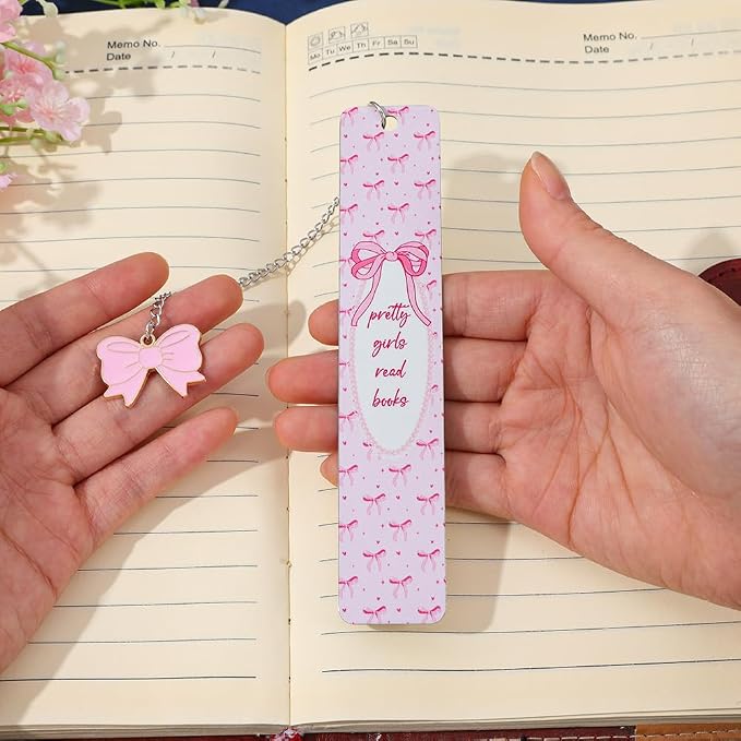 Pink Bowknot Stainless Steel Bookmark - Printed with Cute Bowknot Patterns & Equipped with Heart Pendants, Ideal for Female Readers, Perfect Birthday Gift for Girlfriends (2pcs Set A)