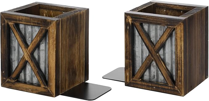 MyGift Rustic Decorative Bookends, Book Ends for Shelves with Pen Holder, for Home Office Classroom, Dorm Room, Desk, Burnt Wood with Corrugated Galvanized Metal Accent