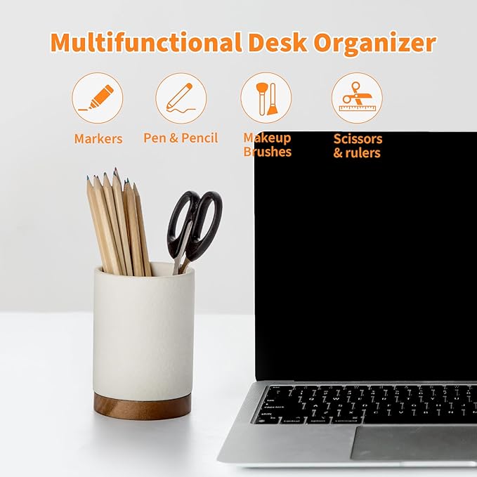 Ceramic Pen Holder for Desk, Pencil Cup Organizer and Makeup Brush Holder, Pen Cup Office Desk Accessories(White,Set / 1)