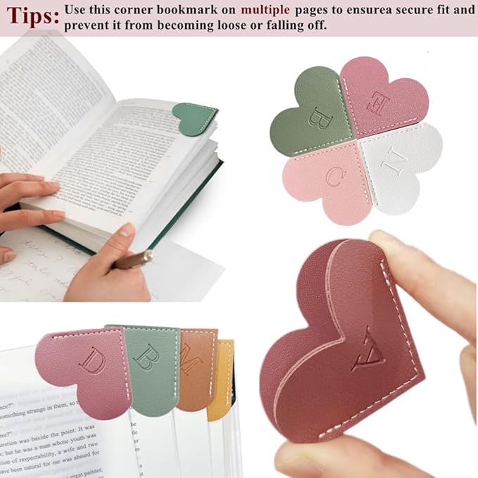Personalized Leather Heart Bookmark, 26 Letters Customized Corner Book Mark for Reading, Book Holder Markers with Initials Page Book Accessories Cute Gifts (Black+White+Dark Brown+red,F)