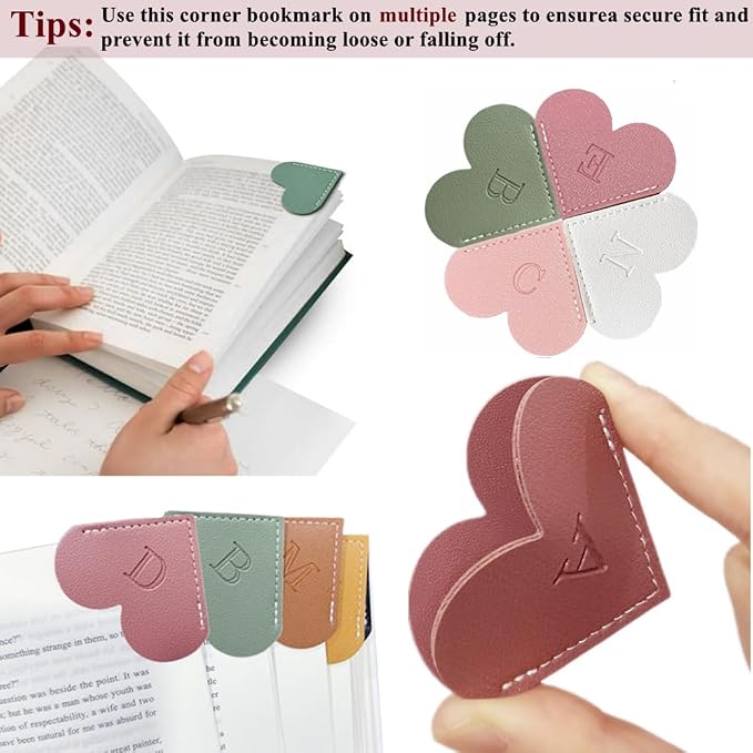 Personalized Leather Heart Bookmark, 26 Letters Customized Corner Book Mark for Reading, Book Holder Markers with Initials Page Book Accessories Cute Gifts (Black+White+Dark Brown+red,I)
