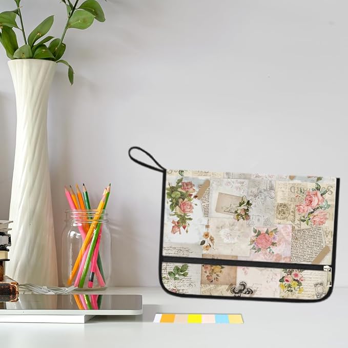 WEBEEDY Vintage Flower Expanding File Folder with 13 Pockets, Labels and Zipper, Retro Poster Collage Prints Accordion File Organizer Portable Document Organiser for A4 Paper Receipt Paperwork Office