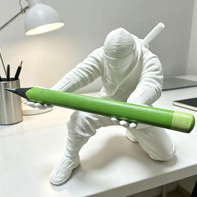 Ninja Pen Holder for Desk, Black Ninja Decor Pen Stand Pencil Holder Desk Accessories for Office Home Classroom (White Ninja)