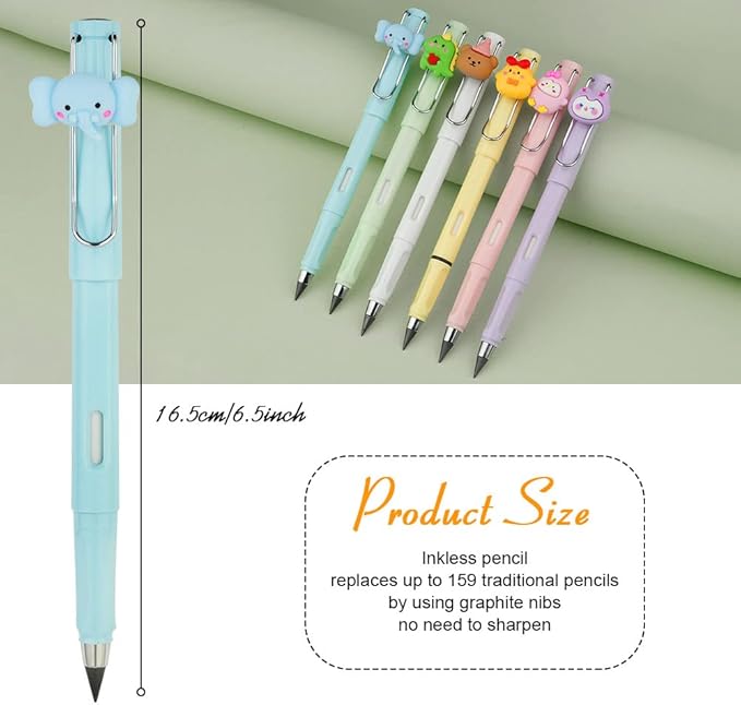 Ainiv 6 Sets Infinity Pencil Reusable Inkless Pencil No Sharpen Everlasting Pencil with Extra 6 Replaceable Nibs and 6 Cute Pencil Cups Infinite Pencil for Writing Drawing Home Office School Supplies