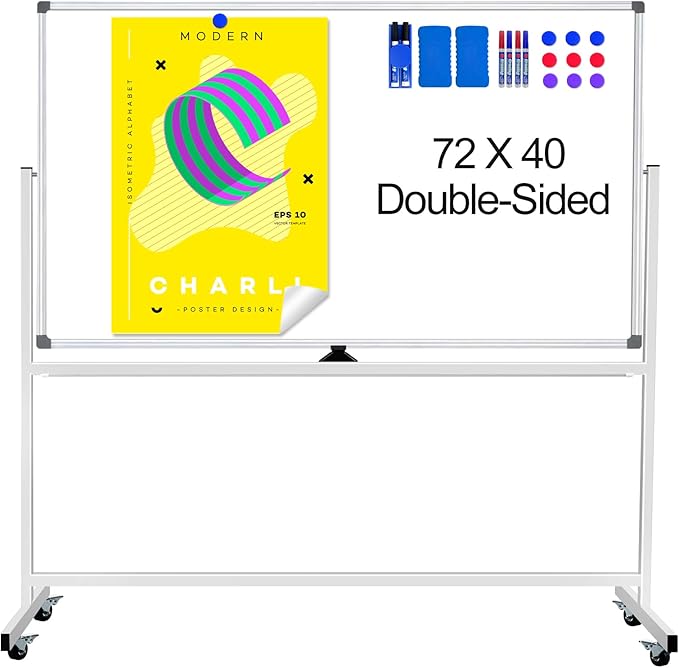 Large Rolling Whiteboard on Wheels 72 X 40, Double-Sided Mobile Dry Erase Board with Stand Magnetic White Board on Wheels, Portable Standing Whiteboard with 3 Eraser, 6 Markers, 10 Magnets