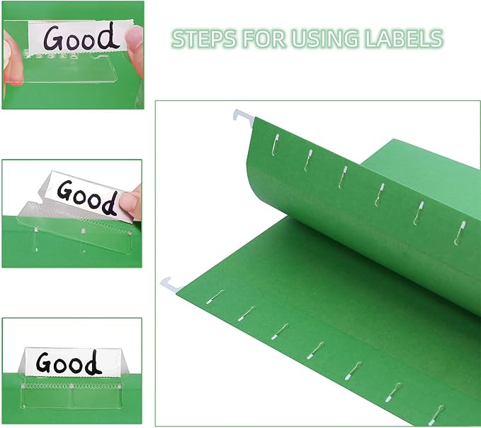 Hanging File Folder, A4 Suspension Files Holder, Hang Folder, Filing Cabinet Suspension File with Tab and Label for School Home Office, Green, 25 Pack