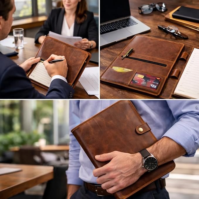 Leather Portfolio Padfolio Organizer – Professional Resume & Interview Portfolio Folder with Zipper Pocket, Card Slots & Pen Holders – Genuine Leather Business Portfolio Binder for Documents