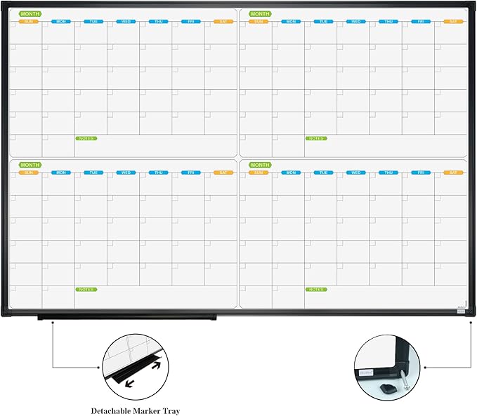 JILoffice Magnetic Dry Erase Calendar Whiteboard, 4 Month White Board Planner 36 X 24 Inch, Black Aluminum Frame Wall Mounted Board for Office Home and School