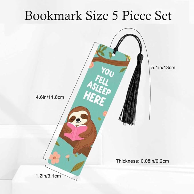 Funny Sloth Bookmarks 5 Pcs with Tassels Tree Branch Green Leaves Wooden Bookmarks for Reading Women Students Teacher Reader
