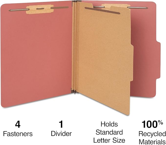 Staples Colored Pressboard Classification Folder, Letter Size, 1 Partition, Red, Durable Construction, 20/Pack
