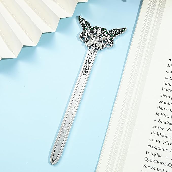 Fantasy Metal Bookmarks with Elvish Leaf, Sword Charm & Evenstar Engraving, Epic Quotes Carved Jewelry for Book Lovers, Dark Academia Gifts for Readers (Silver 1943)