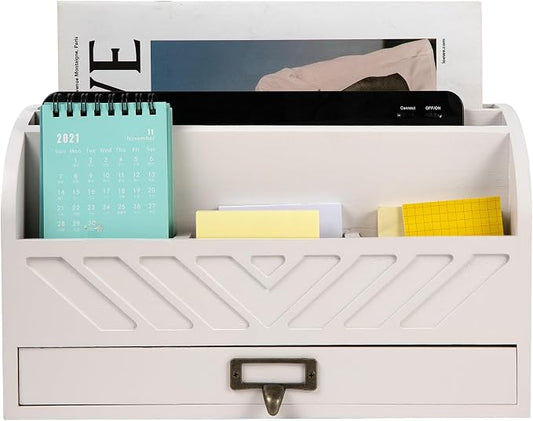 Solid Wooden Desk Drawer Organizer Desktop File Sorter,Desktop Mail Organizer with Handle For Office Supplies,Office Desk Accessories & Workspace Organizers for Home Organization (white)