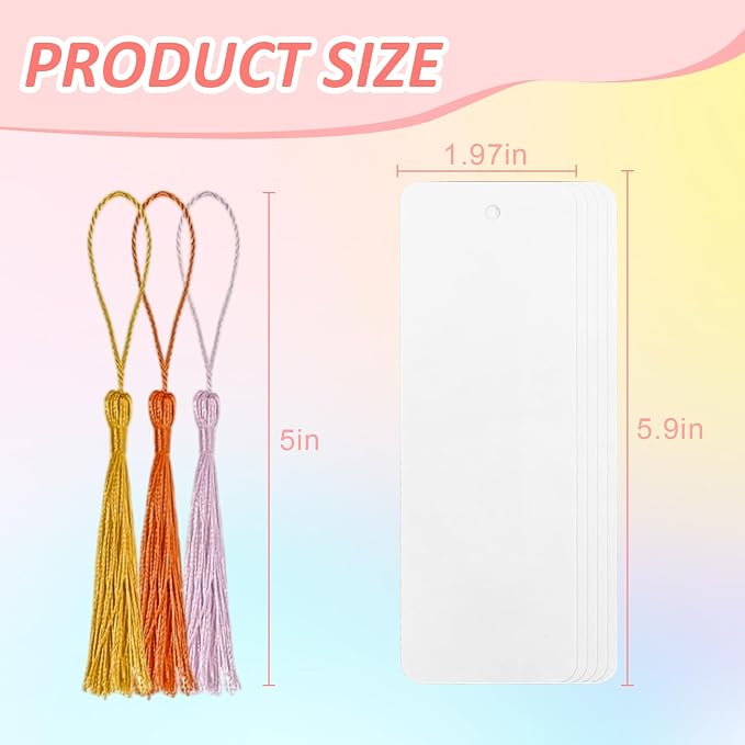 MXCOIRTP 120 Pcs Blank Bookmarks with 120 Colorful Tassels, Thick 350GSM Cardstock Paper and Transparent Acrylic Bookmarks for DIY Crafts, Holiday Reading, Classroom Projects and Gift Tags, 6x2 Inch