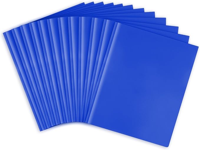 Feosky Plastic Two Pocket Folders with Prongs, Heavy Duty Folders with 2 Pockets and 3 prongs, File Folders with 3 Metal Prong Fasteners, Letter Size, for School, Home, and Office (Blue)