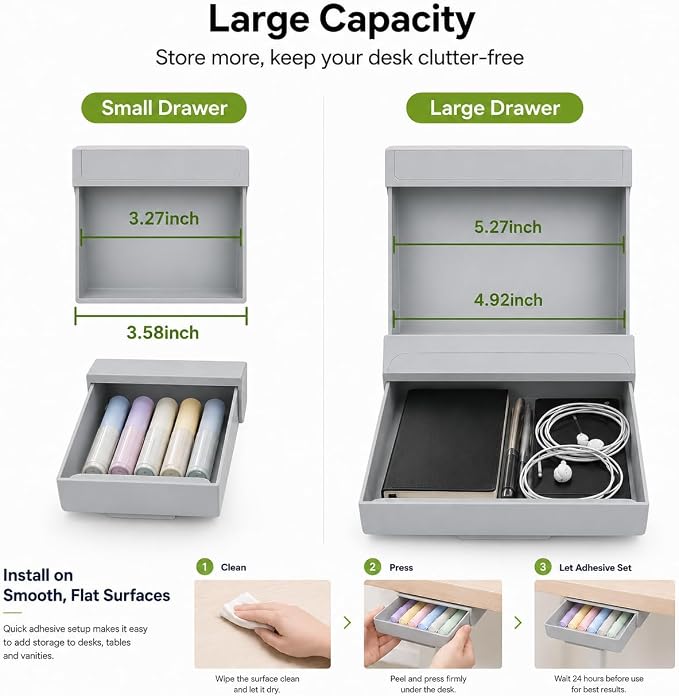 Desk Drawer Attachment, 2 Pack Pencil Organizer, Hidden Desk Organizer, Under Desk Organizer Adhesive, Pen Holder, Desk Accessories & Workspace Organizers, Pen Drawers, Drawer Tray Storage Desktop